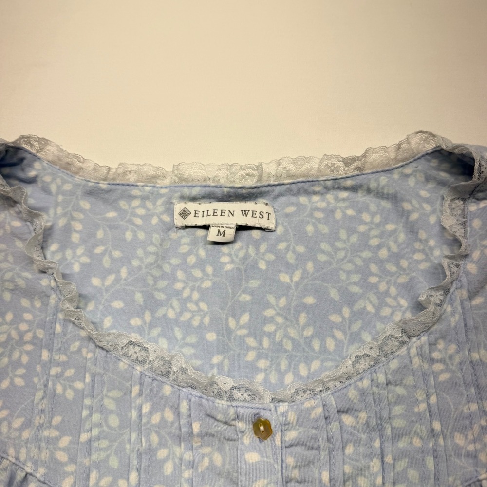 Eileen West Nightgown M Blue Floral Womens Cotton Lace Ruffle 43"in Sleep Dress - Picture 2 of 7